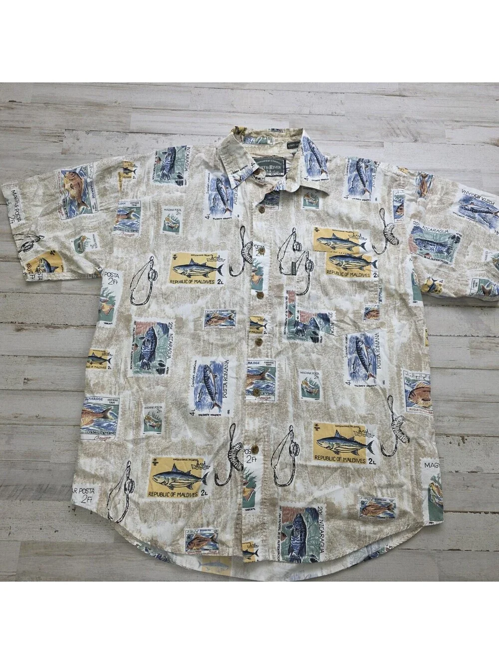 VTG North River All Over Print Fishing around the World Stamps Button-Up - MED